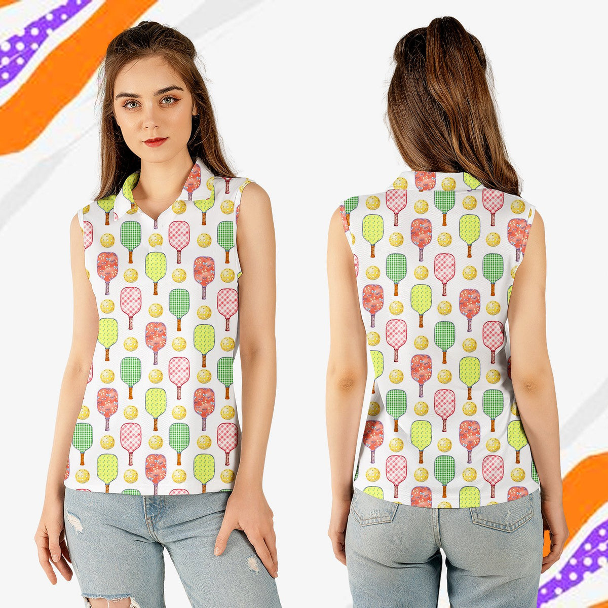 Pickleball polo shirt with repeating paddle and ball pattern on white, front view 3