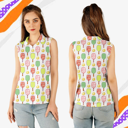 Pickleball polo shirt with repeating paddle and ball pattern on white, front view 3