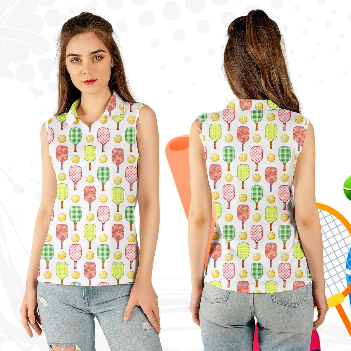 Pickleball polo shirt with repeating paddle and ball pattern on white, front view 4