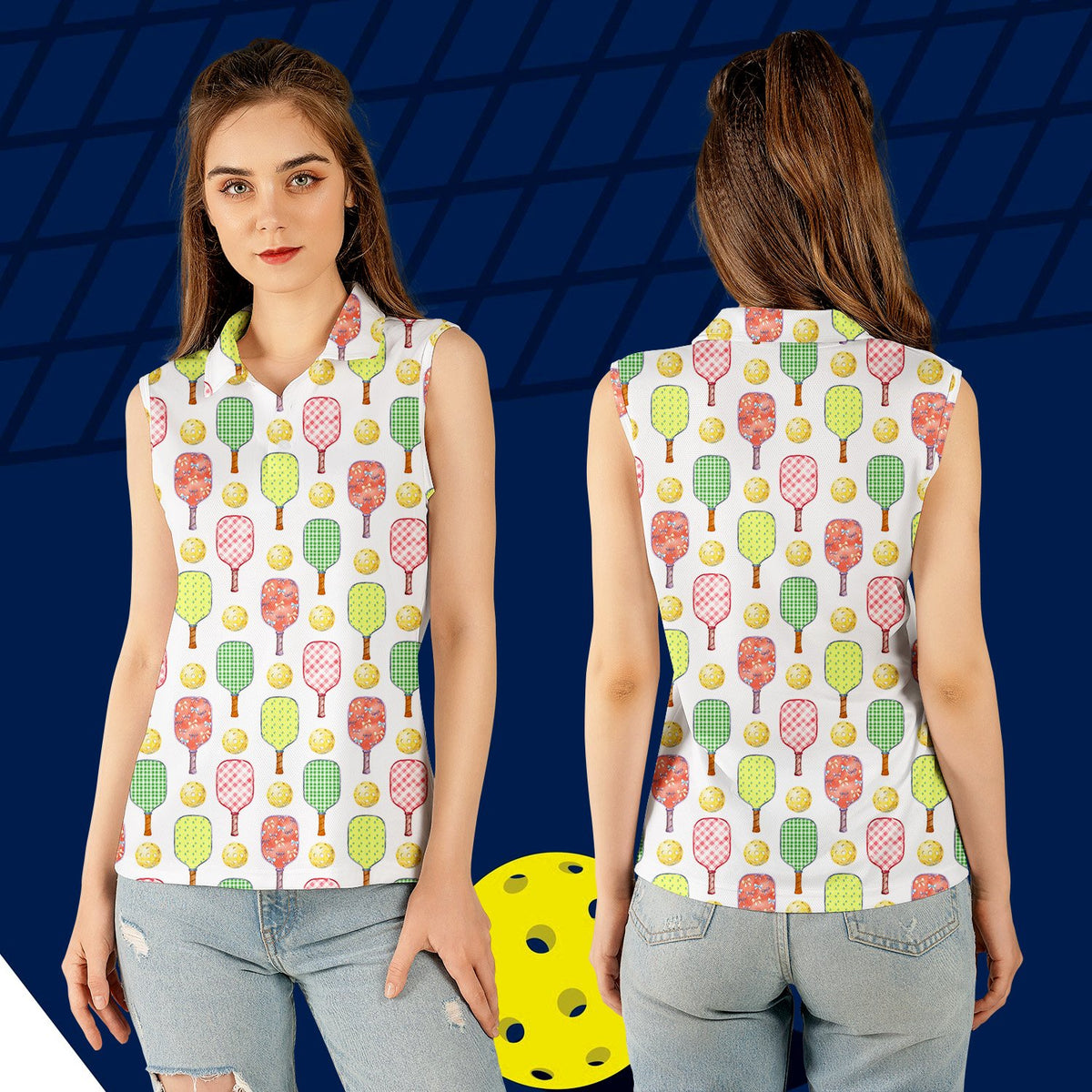 Pickleball polo shirt with repeating paddle and ball pattern on white, front view 5