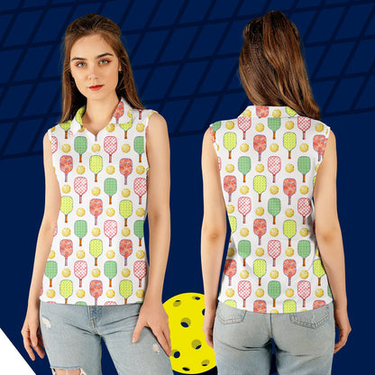 Pickleball polo shirt with repeating paddle and ball pattern on white, front view 5