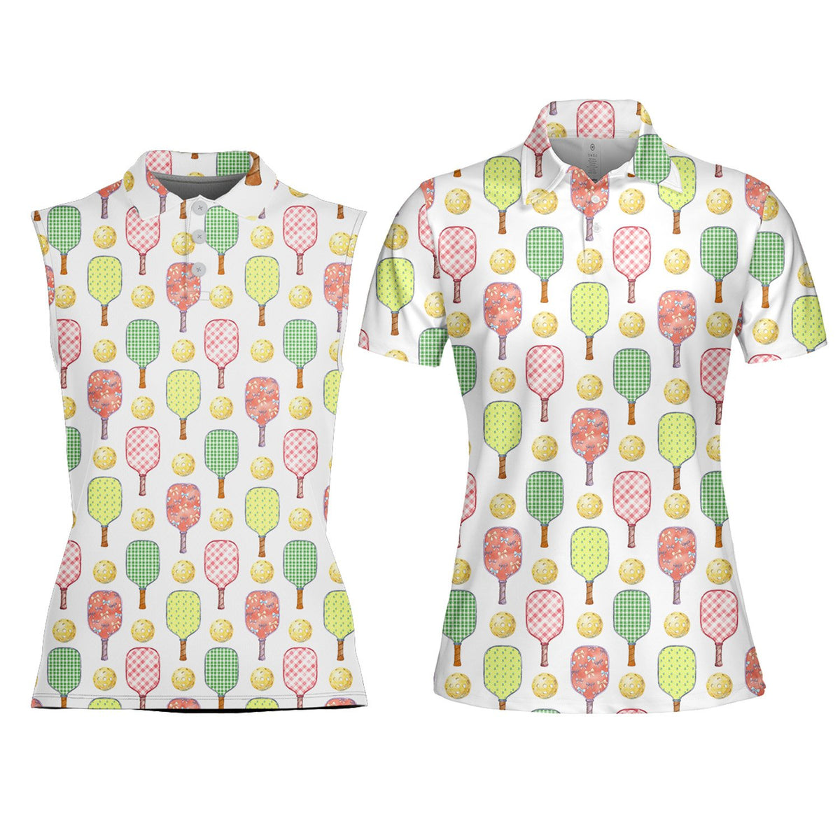 Pickleball polo shirt with repeating paddle and ball pattern on white, front view 6