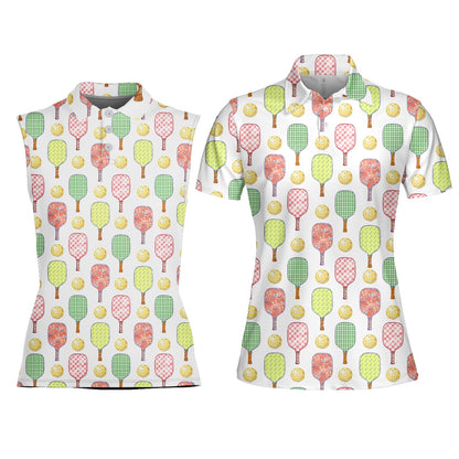 Pickleball polo shirt with repeating paddle and ball pattern on white, front view 6