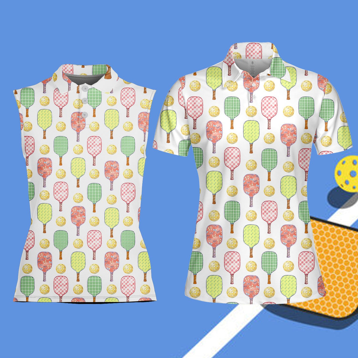 Pickleball polo shirt with repeating paddle and ball pattern on white, main view
