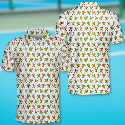 Third lifestyle view highlighting the abstract pickle print on the polo shirt