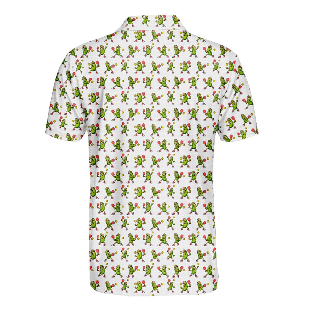 Lifestyle image of an adult wearing the white pickleball polo shirt outdoors
