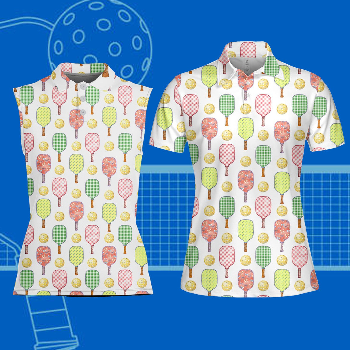 Adult wearing white pickleball polo shirt with paddle pattern on the court