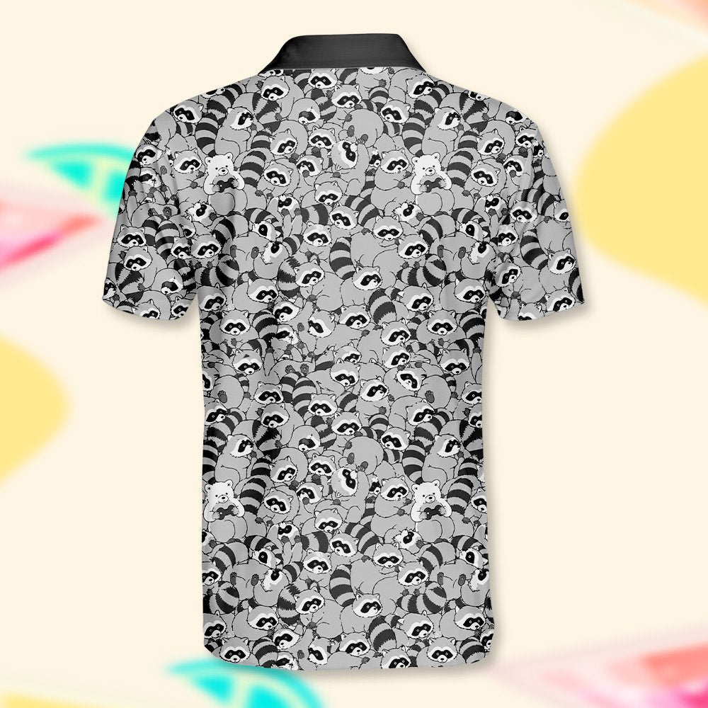 Gray raccoons polo shirt with all-over print pattern, back view