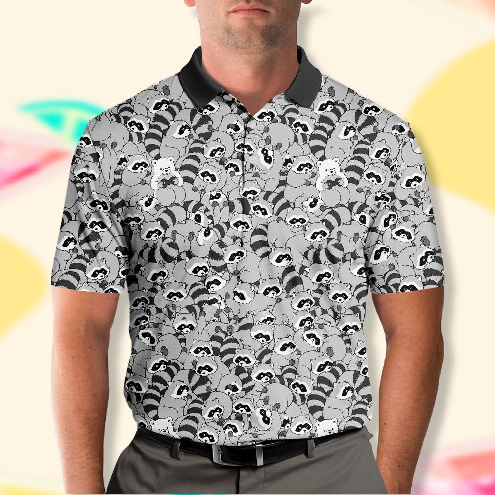 Gray raccoons polo shirt front view detail 3