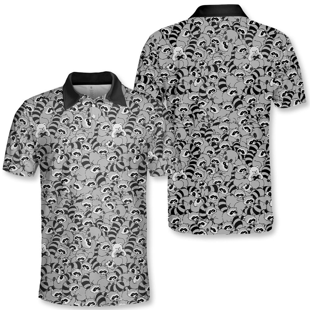 Gray raccoons polo shirt with all-over print pattern, front view
