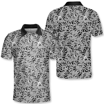 Gray raccoons polo shirt with all-over print pattern, front view