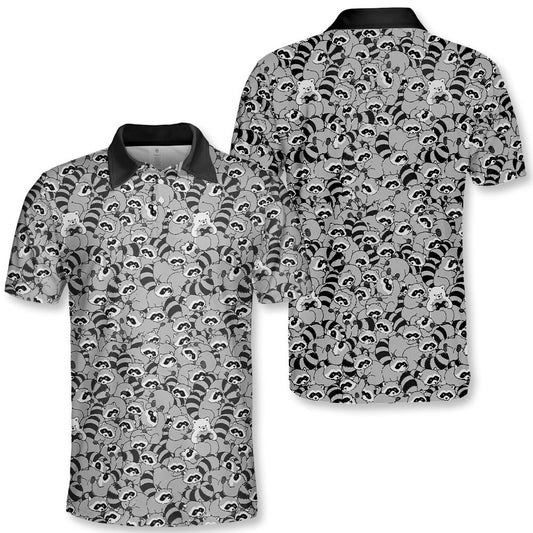 Gray raccoons polo shirt with all-over print pattern, main view