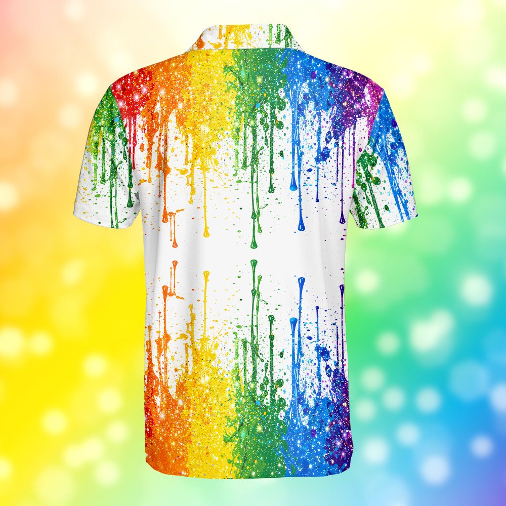 Rainbow paint splatter polo shirt, alternate back view