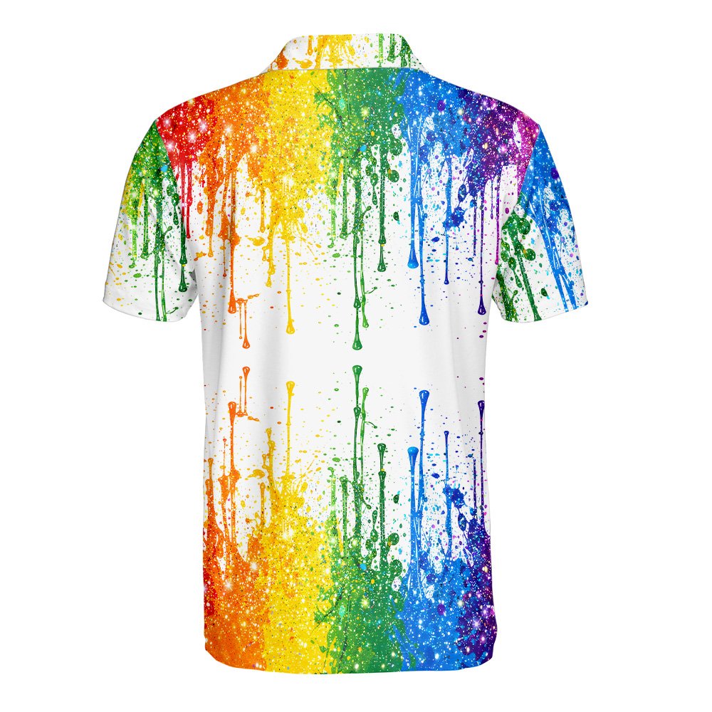 Rainbow paint splatter polo shirt, back view