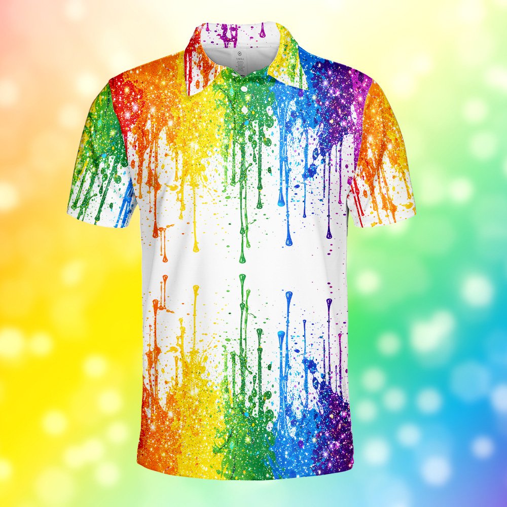 Vibrant rainbow paint splatter polo shirt on white background, tertiary main view