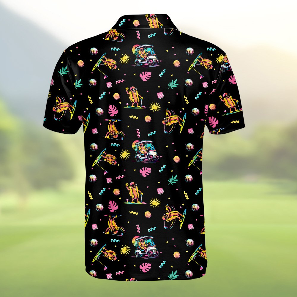 Secondary back view of the black retro polo shirt featuring 90s geometric golf design
