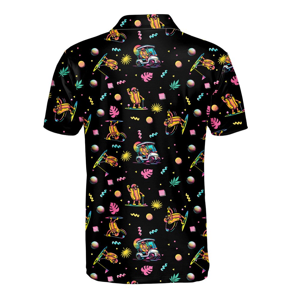 Back view of the black retro polo shirt with hot dog golf pattern