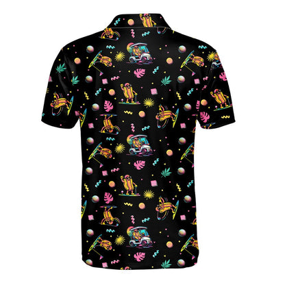 Back view of the black retro polo shirt with hot dog golf pattern