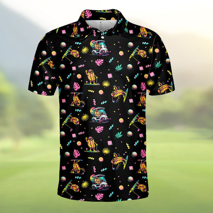 Detailed view of the neon geometric shapes and hot dogs on the black polo shirt