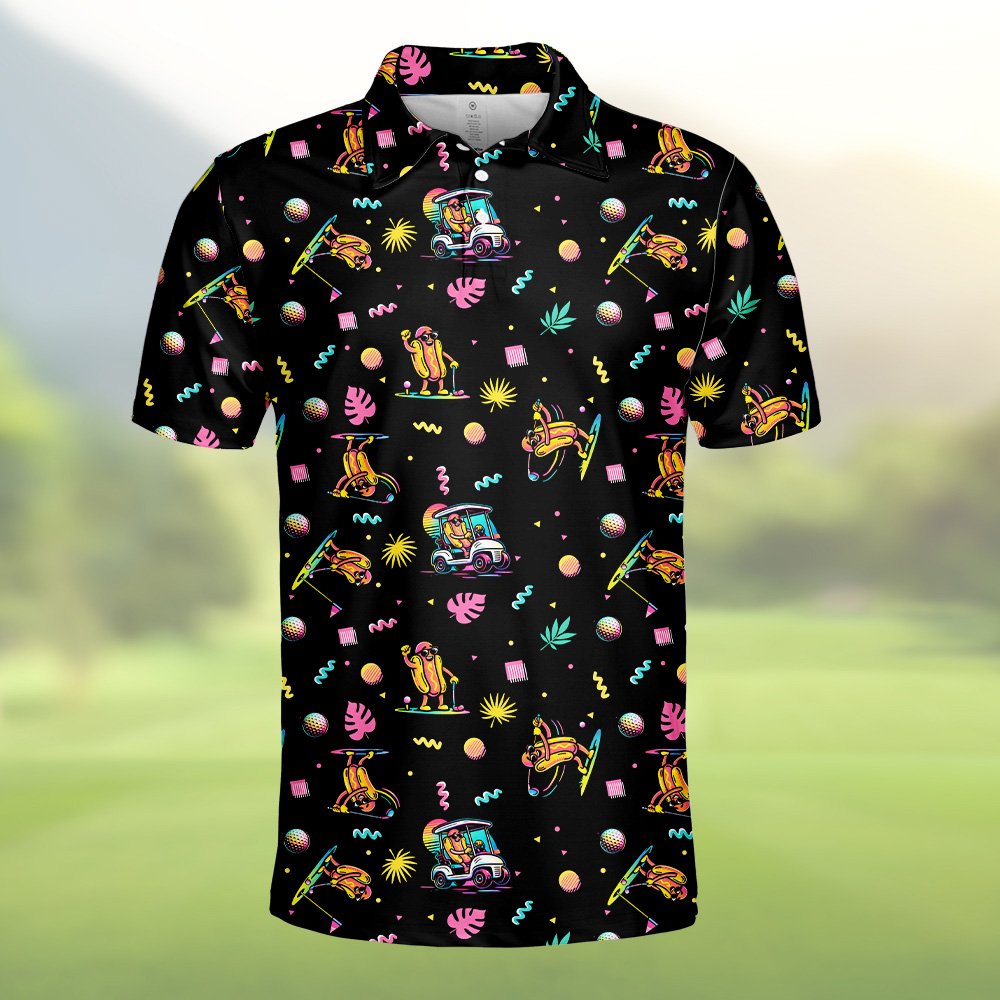 Close-up of the black retro polo shirt with 90s hot dog golf pattern