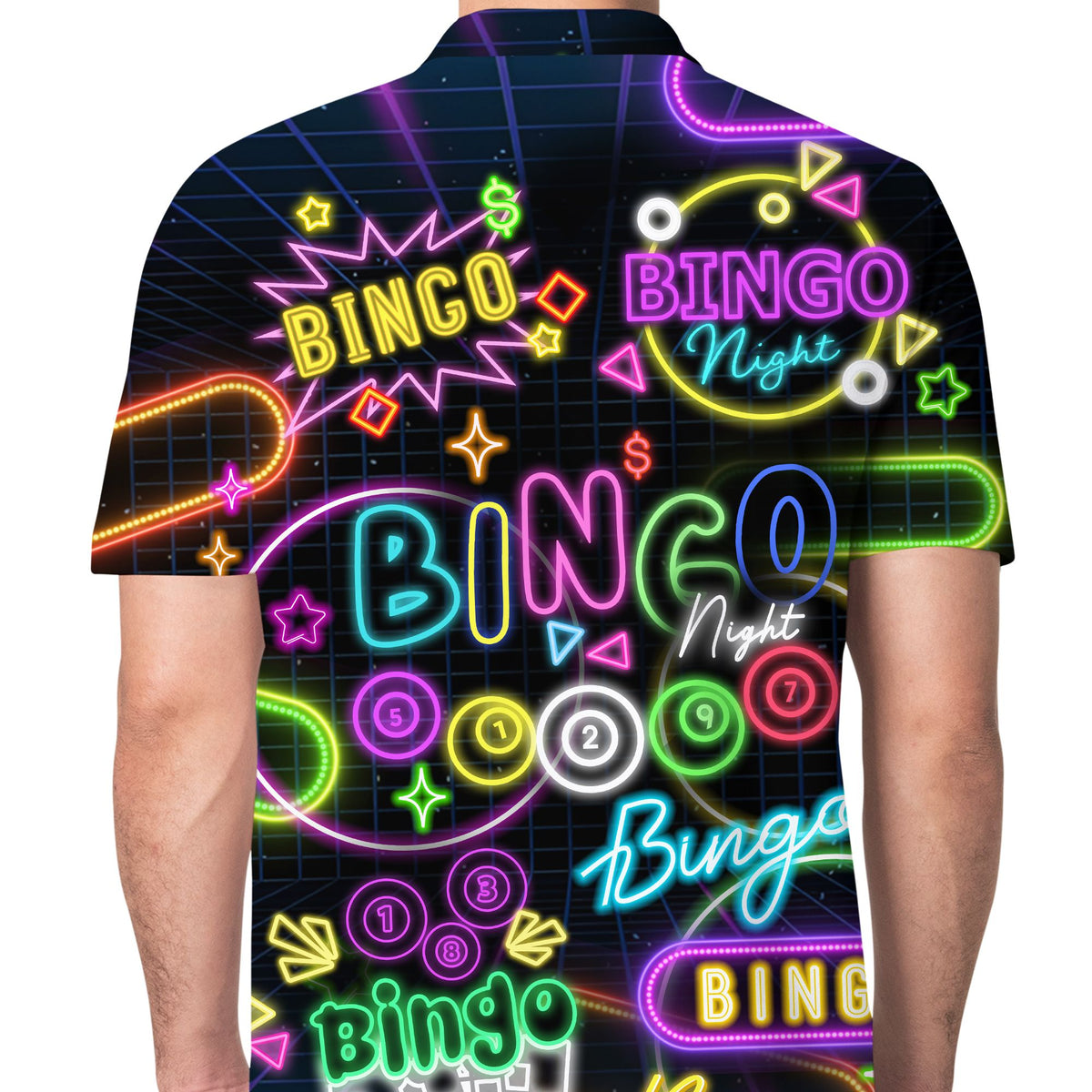 Alternative back angle of the black polyester polo shirt with neon graphics