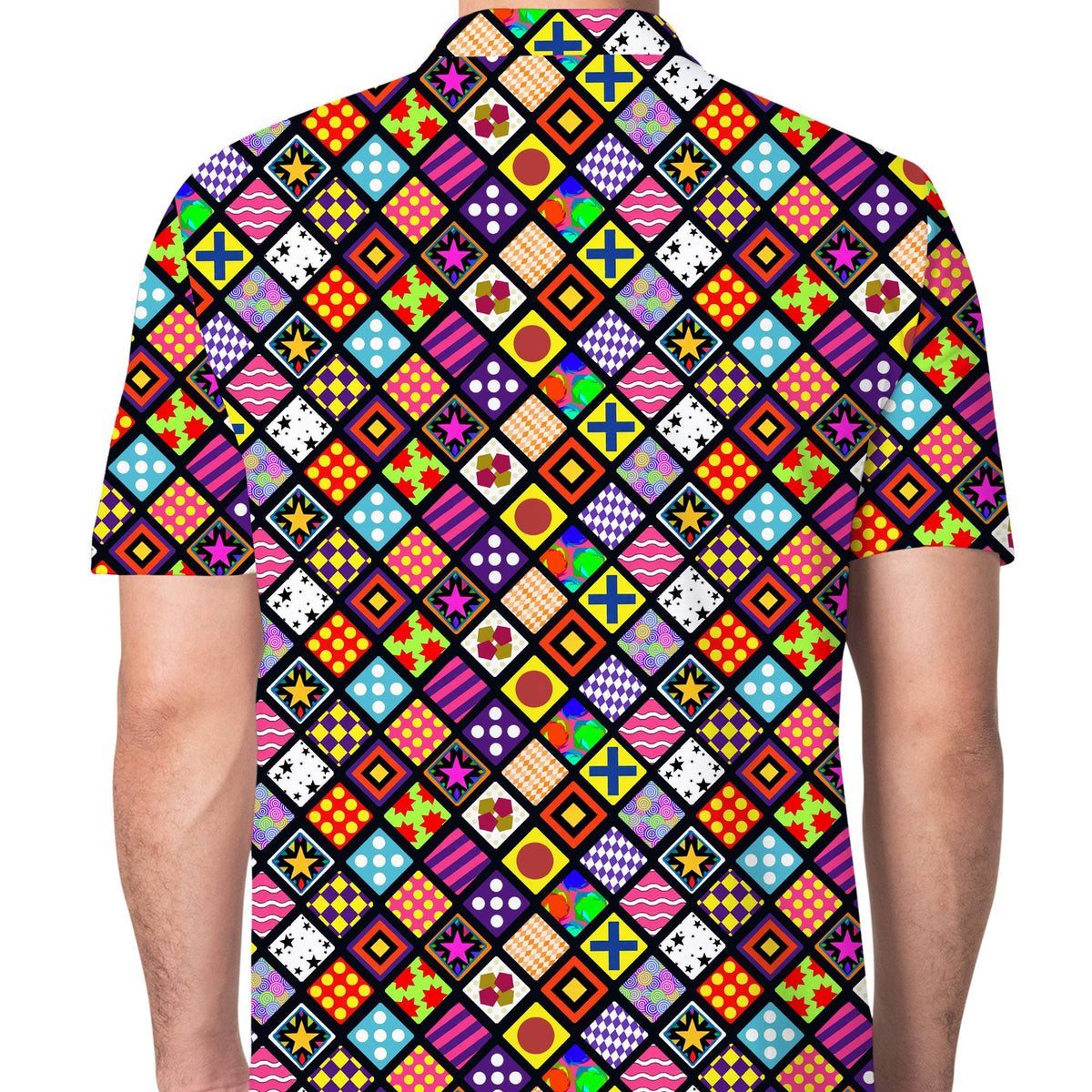 Additional back view of the vibrant geometric polo shirt