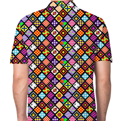 Additional back view of the vibrant geometric polo shirt