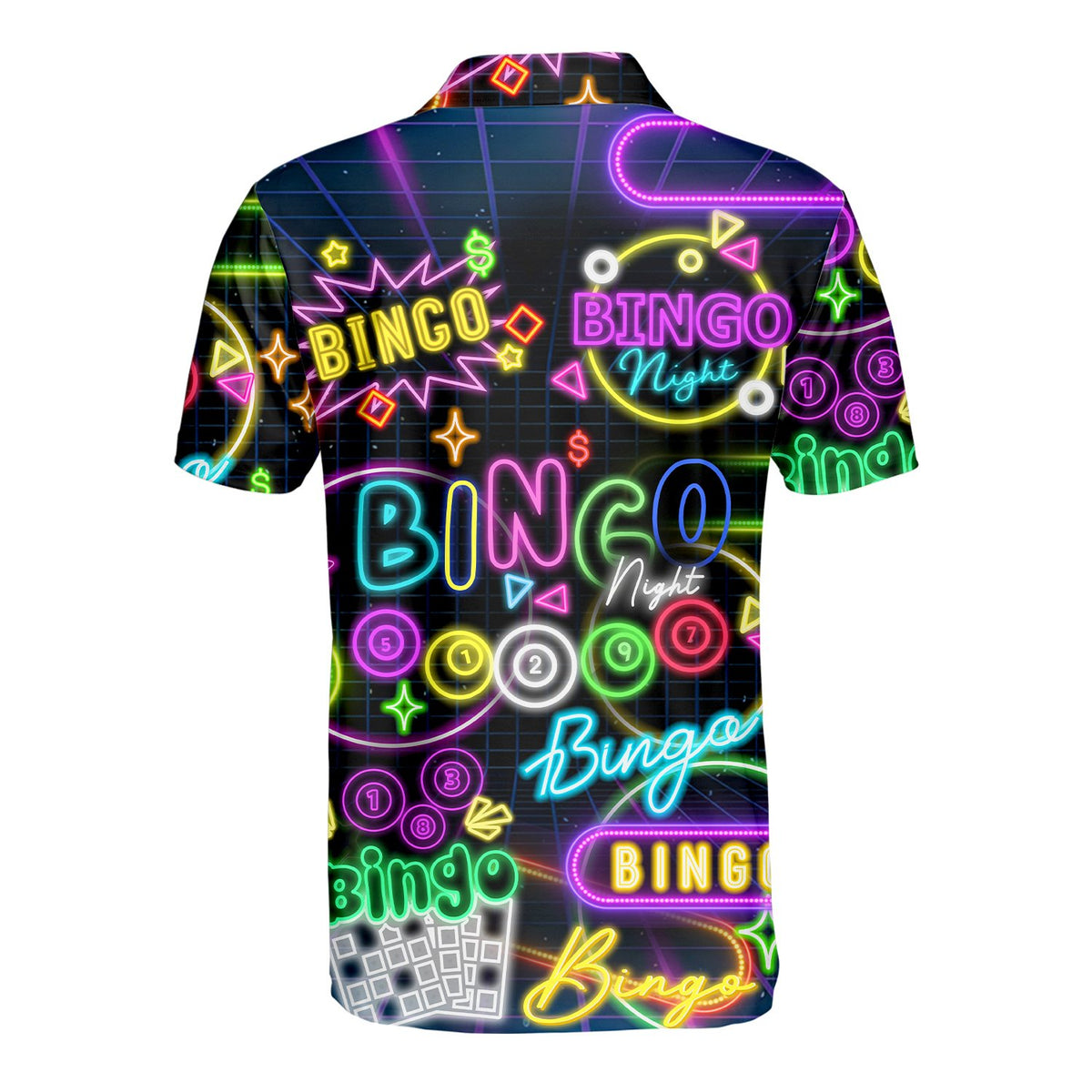 Back view of the retro neon bingo polo shirt showing the all-over print
