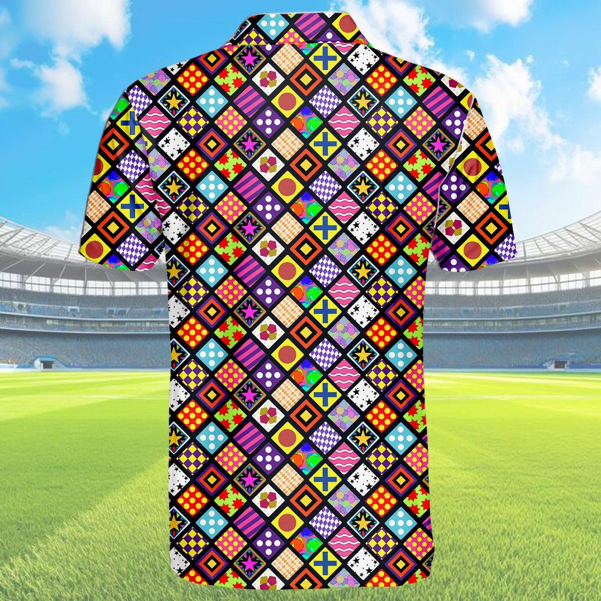 Back view of the retro knit polo shirt in multicolor geometric print