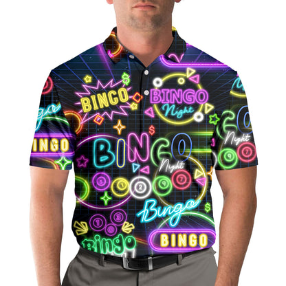 Alternative front angle of the colorful 80s bingo pattern polo shirt