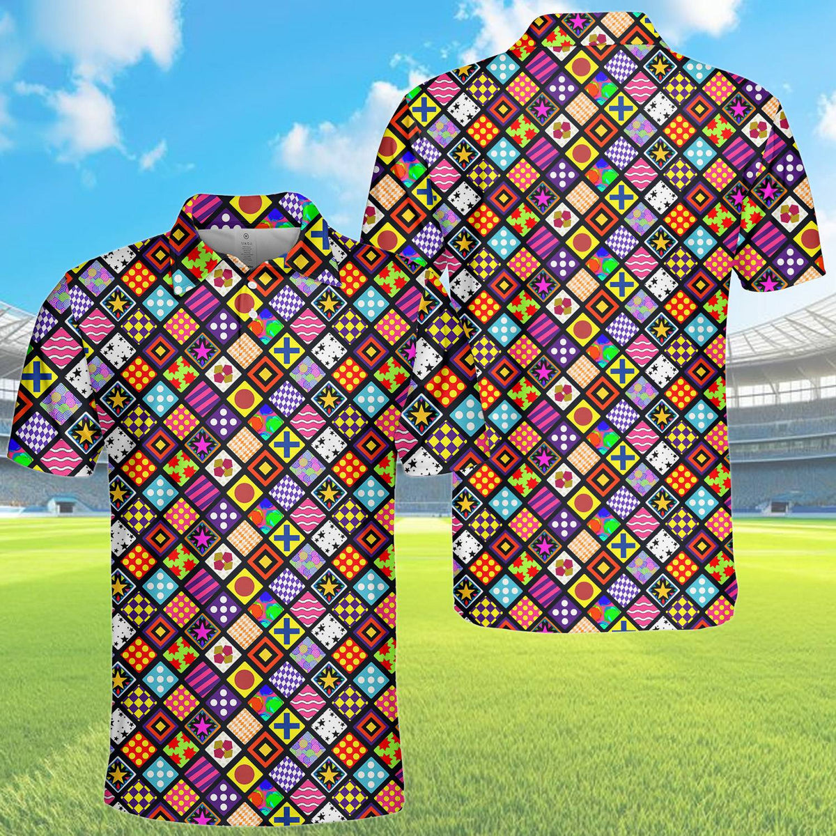 Close-up front view of the geometric polo shirt