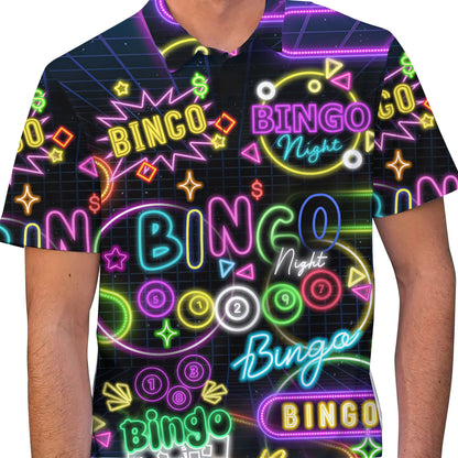 Close-up front view of the glowing neon text and bingo balls on the polo shirt