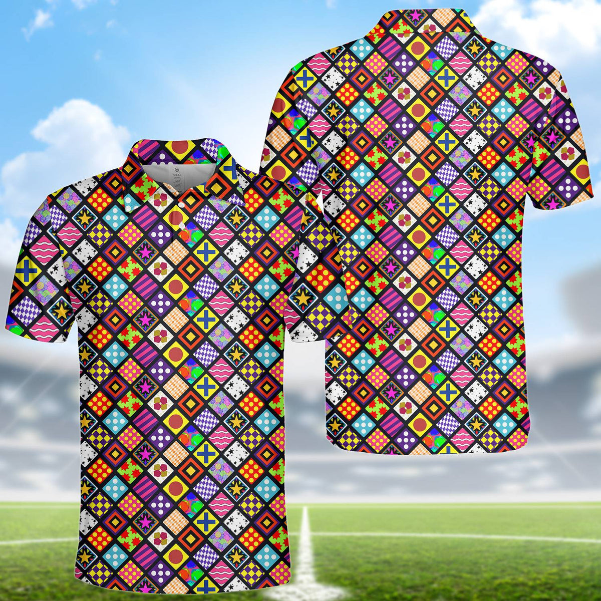 Front angled view of the colorful geometric polo shirt