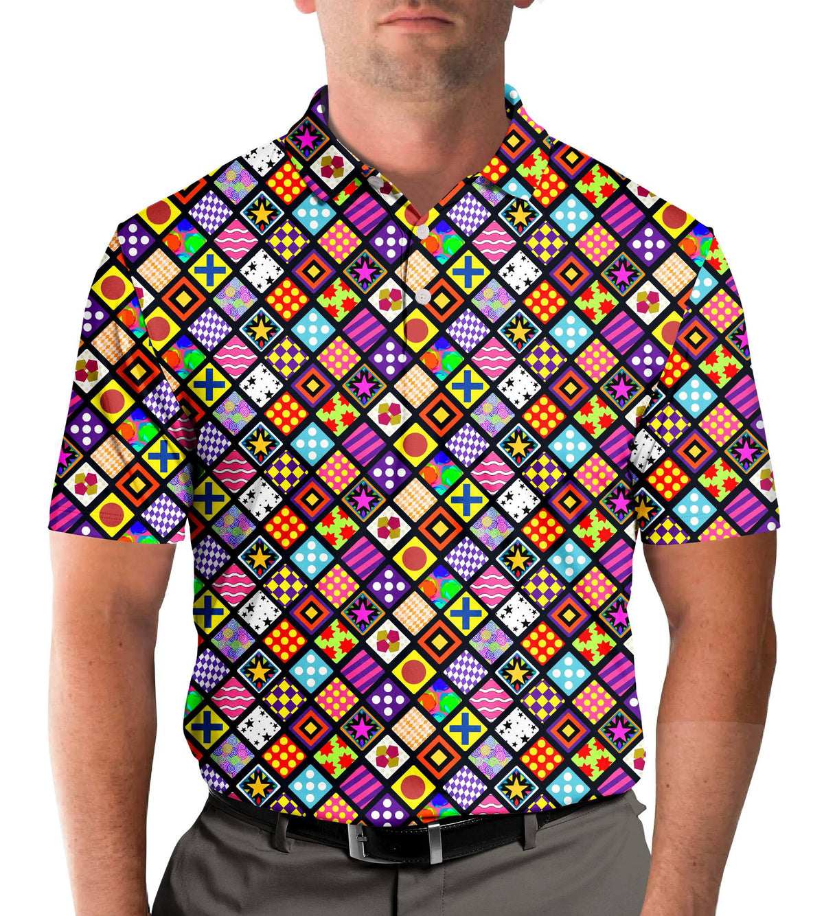 Additional front detail of the geometric polo shirt design