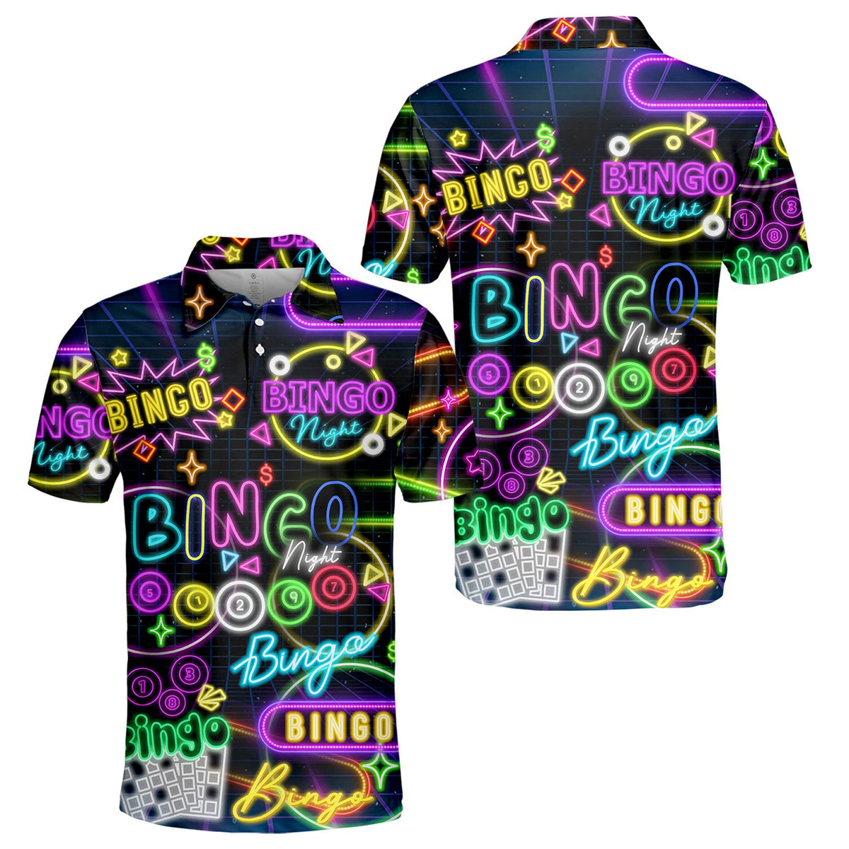 Front view of the neon arcade bingo retro polo shirt on a dark grid