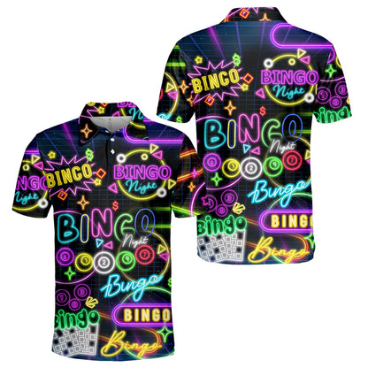 Front view of the neon arcade bingo retro polo shirt on a dark grid