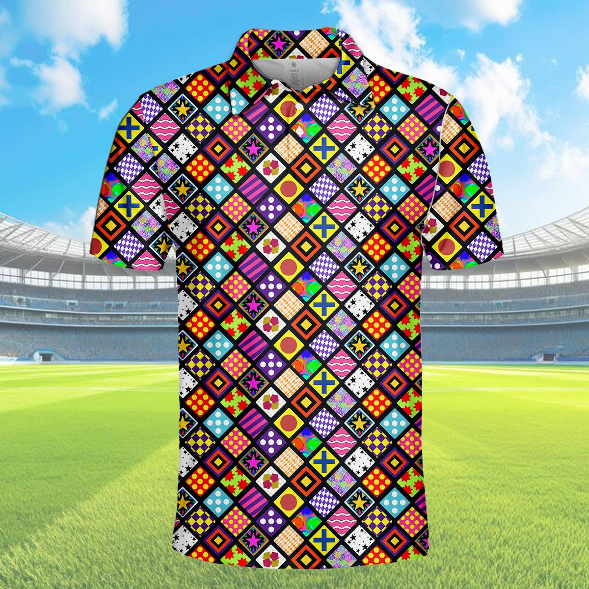 Front detail of the retro knit polo shirt with geometric shapes