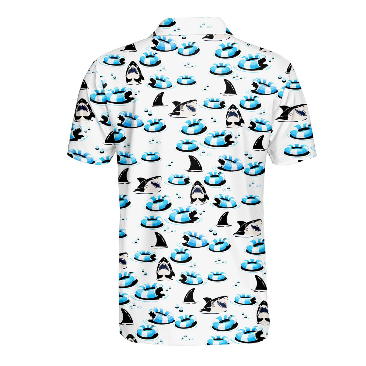 Back view of the pool polo shirt displaying the repeating all-over print