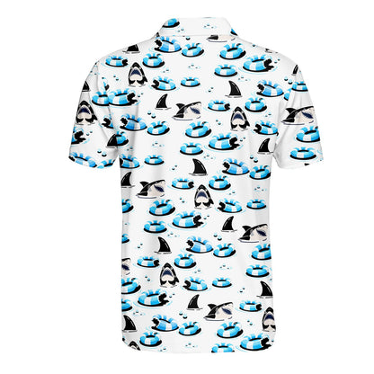 Back view of the pool polo shirt displaying the repeating all-over print