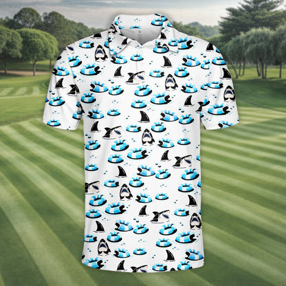 Close-up front view highlighting the cartoonish sharks and pool rings design
