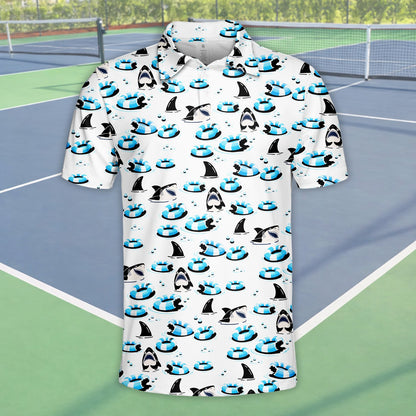 Another front view of the fun shark pattern on the polo shirt