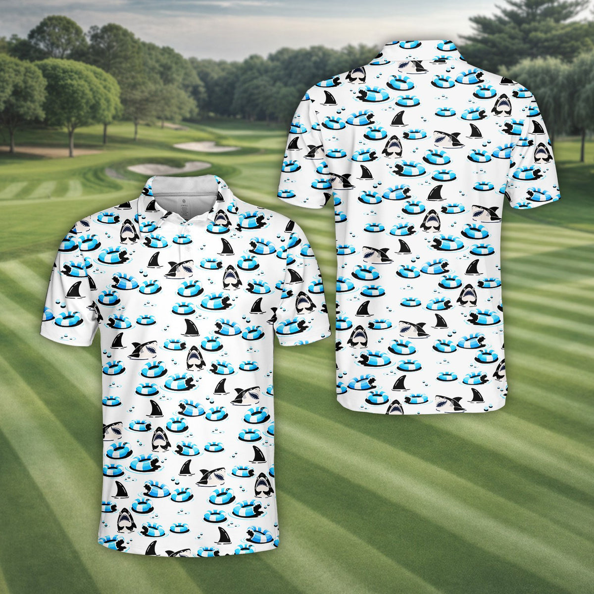 Main view of the pool polo shirt featuring a cartoon shark and pool ring pattern on a white background