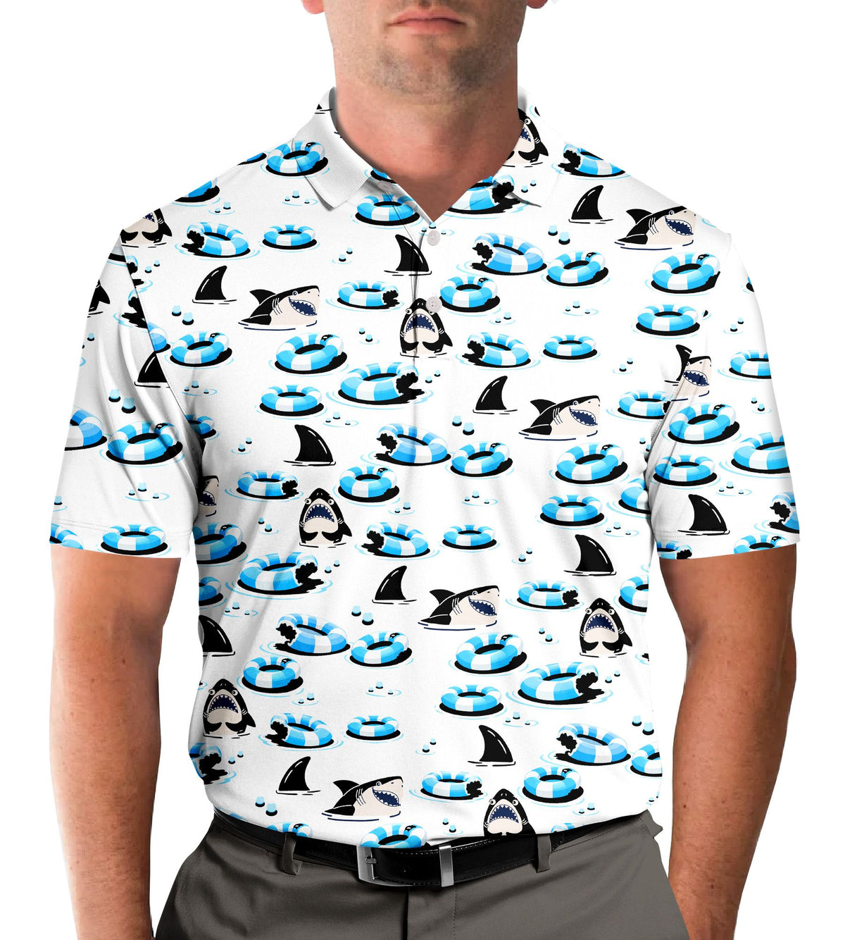 Lifestyle image showing a model wearing the sharks and pool rings polo shirt outdoors