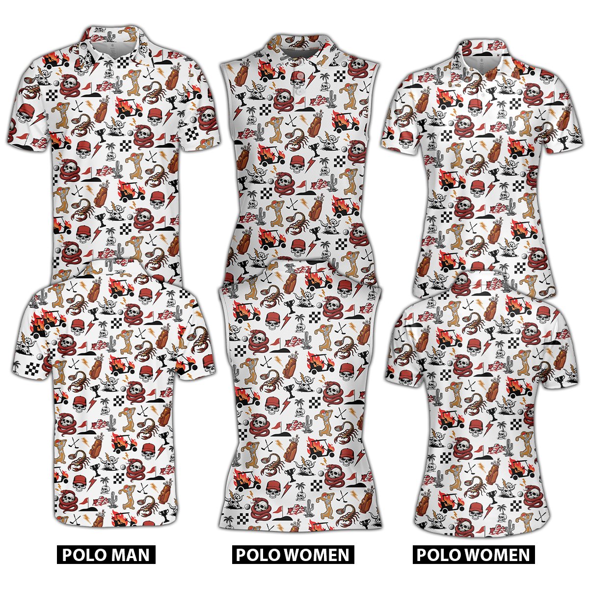 Main view of the skull and desert golf polo shirt featuring an all-over print on white