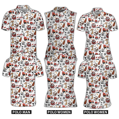 Main view of the skull and desert golf polo shirt featuring an all-over print on white