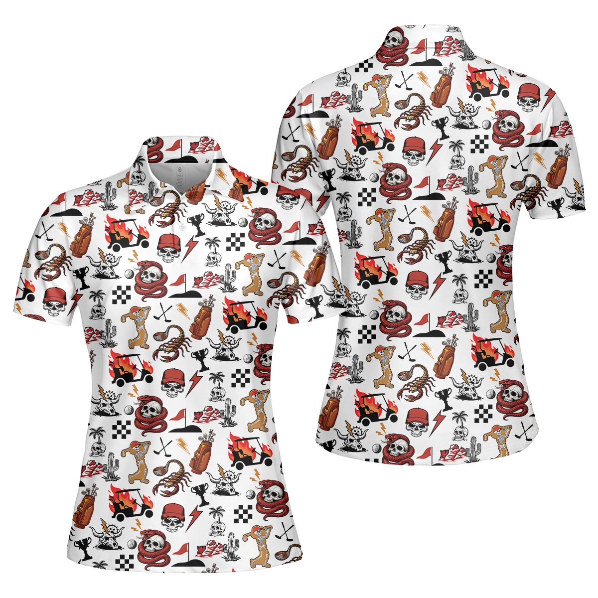Another front view of the desert polo shirt highlighting the skull and snake design