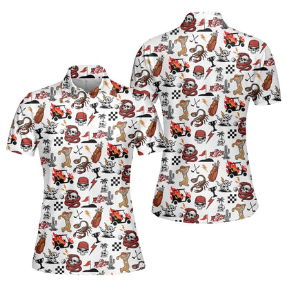 Another front view of the desert polo shirt highlighting the skull and snake design