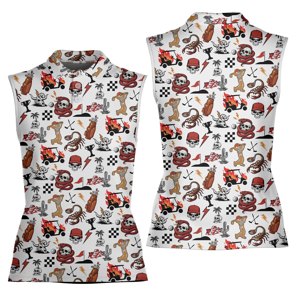 Detailed front view of the white skull polo shirt pattern