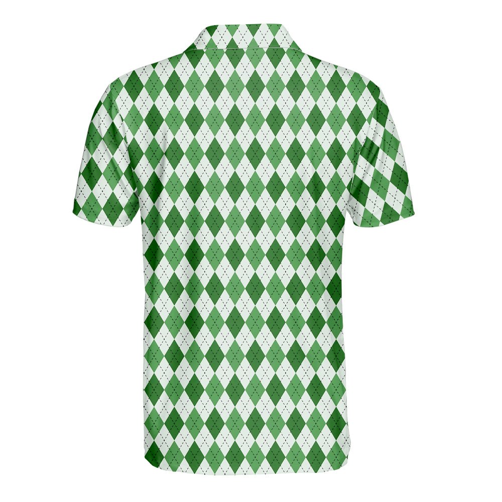 Back view of the green and white argyle polo shirt