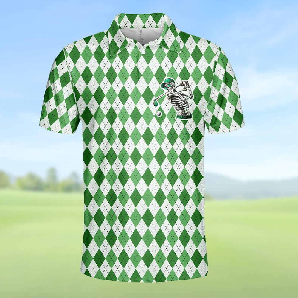 Another front view of the argyle polo shirt with skeleton graphic